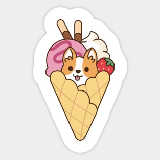 Cute Corgi in the Waffle with Strawberry Ice Cream & Chocolate Stick Sticker